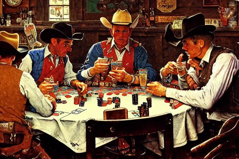 Electropositivo Gobernar Aburrir cowboys playing poker in a saloon, by Norman Rockwell | Stable Diffusion |  OpenArt