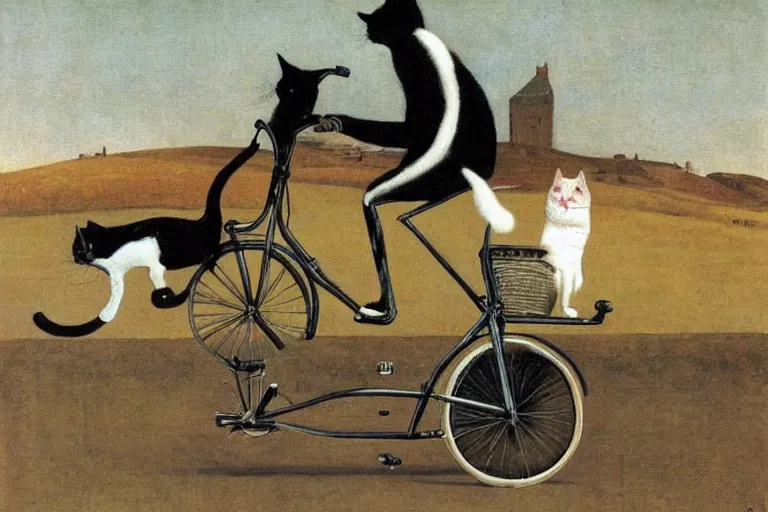 Prompt: a cat driving a bicycle, an illustration by michael sowa