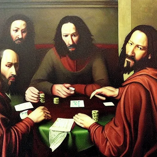 Prompt: a renaissance painting of keanu reeves playing poker with aliens. Dark, average quality, realistic faces, lonely