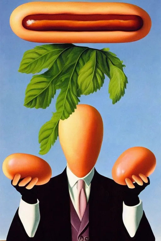 Image similar to Rene Magritte's Son Of Man painting with a floating pink hotdog blocking the face, the hotdog has a stem and leaves and is growing more unripe hotdogs on the hotdog vine