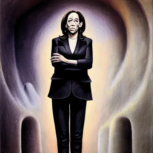 Image similar to portrait of kamala harris wearing pantsuit by otto dix, junji ito, hr ginger, jan svankmeyer, beksinski, claymation, hyperrealistic, aesthetic, masterpiece