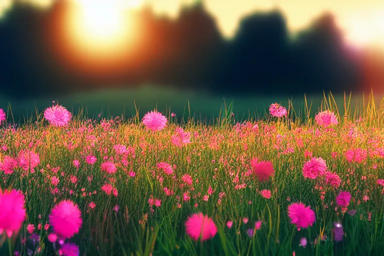 Prompt: a field of colorful weeds, cinematic, pink dawn, backlit, lensflare, octane render, artstation