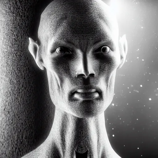 Image similar to photorealistic detailed tall skinny humanoid creature, extremly detailed, black and white, 8 k, realistic, sharp focus, cosmic horror creature, cosmic horror