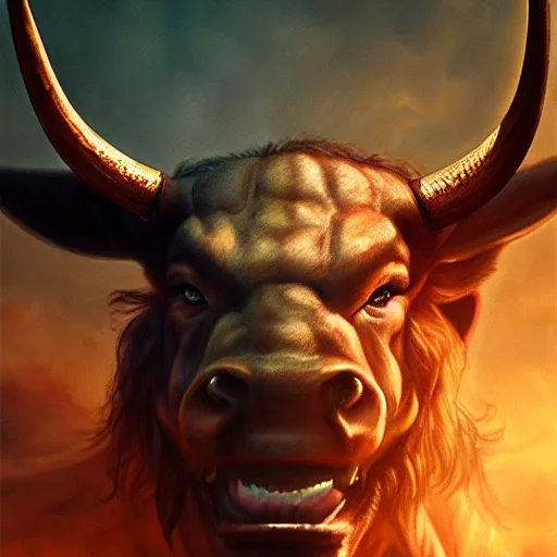 Prompt: Menacing minotaur portrait, atmospheric lighting, painted, intricate, volumetric lighting, beautiful, rich deep colors masterpiece, golden hour, sharp focus, ultra detailed, by Leesha Hannigan, Ross Tran, Thierry Doizon, Kai Carpenter, Ignacio Fernández Ríos