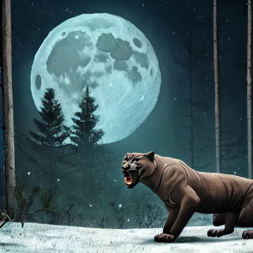 Prompt: a panther roaring at the moon in a forest during the night, large moon in the center. high quality. artistic. illustration. 4 k. cinematic. photoreal. highly detailed. dramatic. dark colors. night.