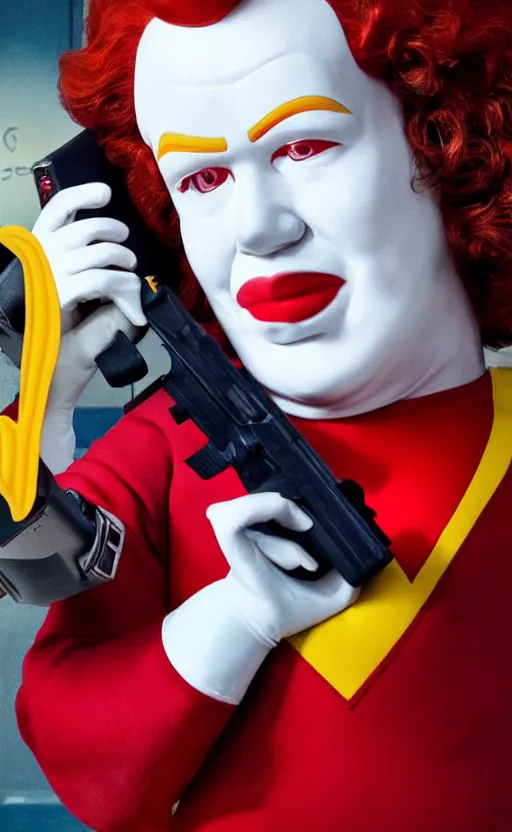 Prompt: a incredible photo of ronald mcdonald robbing a bank with a gun. award winning. very high quality. hq. hd.