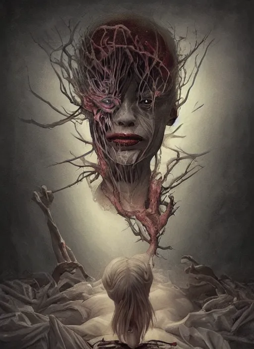 Image similar to dream portrait of a sleep paralysis demon standing over a person sleeping in bed in a dark ancient attic room,full character, melting ,8k,by tristan eaton,Stanley Artgermm,Tom Bagshaw,Greg Rutkowski,Carne Griffiths, Ayami Kojima, Beksinski, Giger,trending on DeviantArt,face enhance,hyper detailed,minimalist,cybernetic, android, blade runner,full of colour