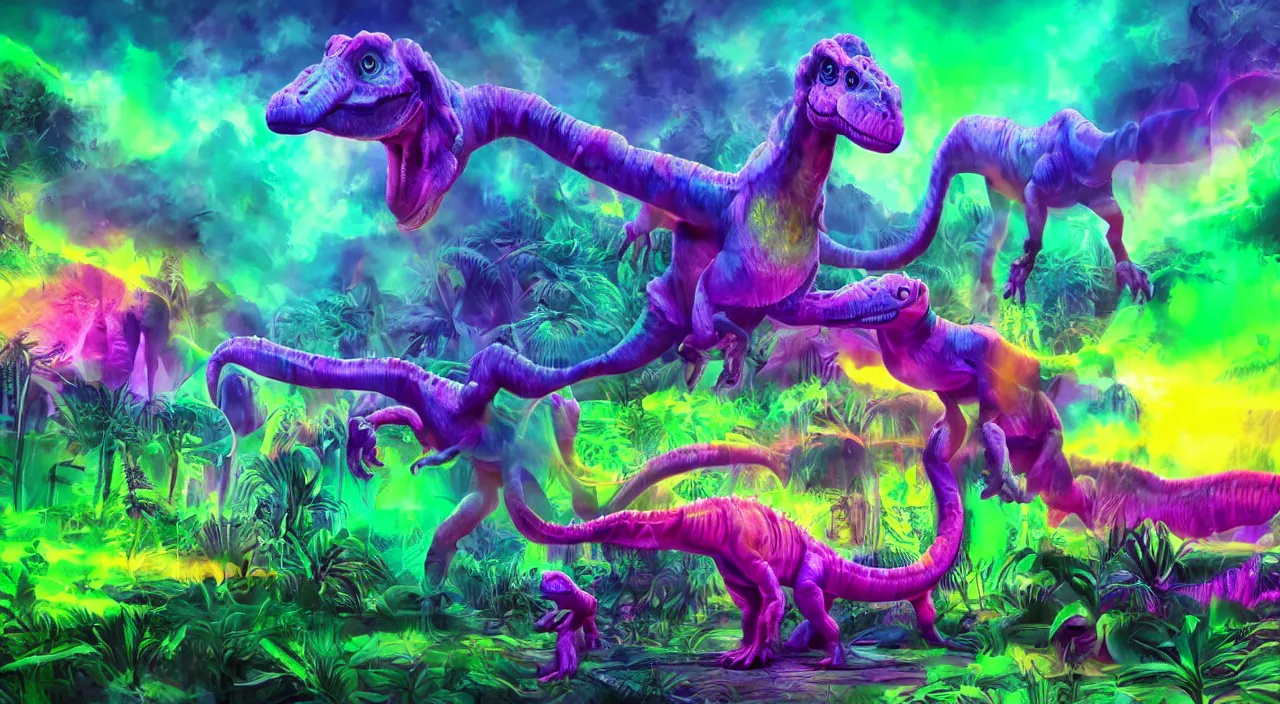 Image similar to spectral purple neon dinosaur, spectral neon pink dinosaur, spectral yellow neon dinosaur, green jungle background, detailed, ultrawide landscape