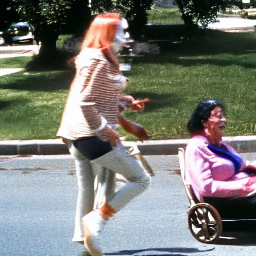 Prompt: candid photo of Aphex Twin chasing an old lady down the street, sunny day,