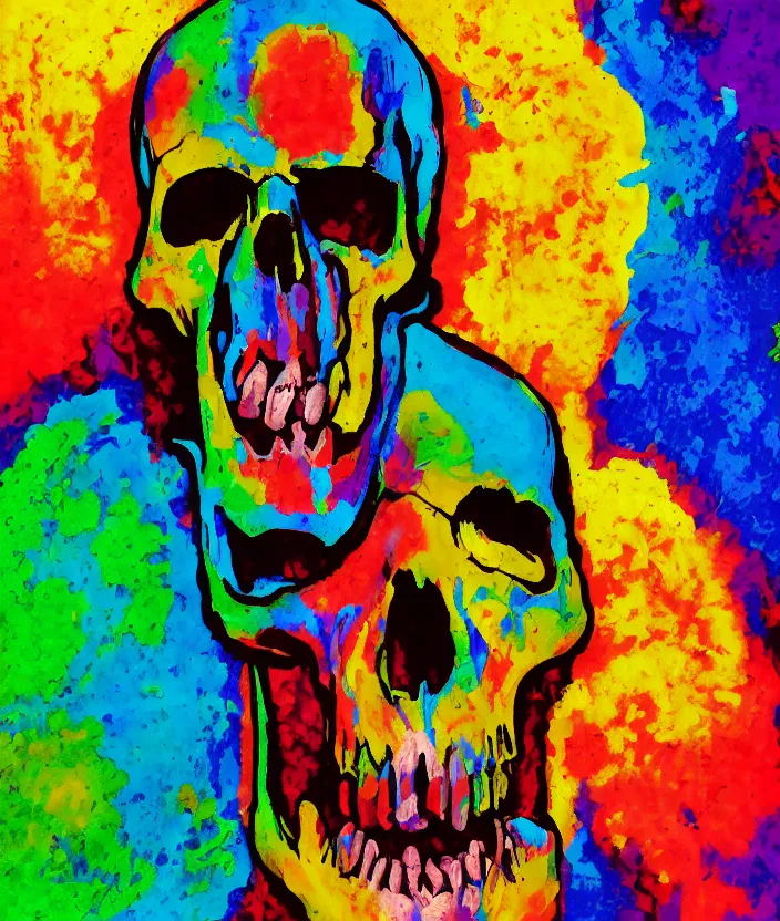 Prompt: a colorful portrait painting of a screaming man with a skull as his head, in the style of stephen gibb, digital art, 4 k,