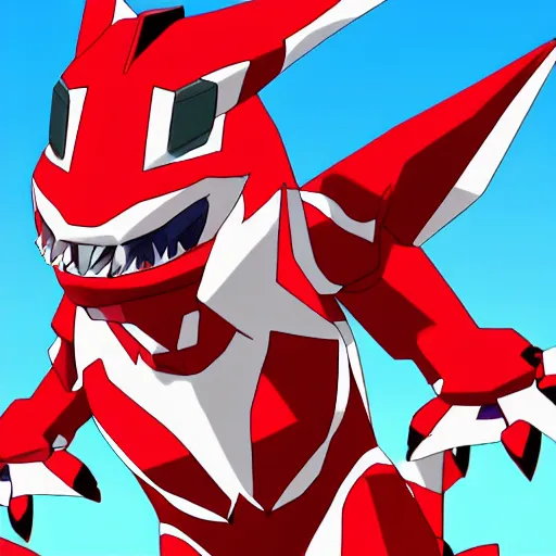 Image similar to guilmon digivolving, flesh ripping to reveal 3 d polygons, digimon