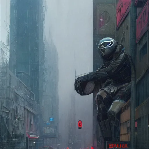 Image similar to dreary realism portrait of masked cyber punk helmet on the art deco streets of the big city, artstation, award - winning realistic sci - fi concept art by jim burns and greg rutkowski, beksinski, a realism masterpiece, muted color palette, james gilleard, bruegel, alphonse mucha, and yoshitaka amano