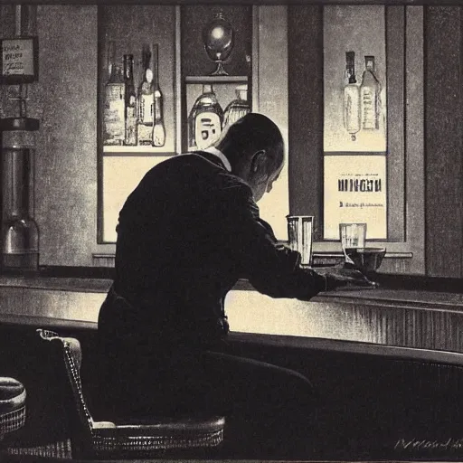 Image similar to a portrait of a man in the 1 9 6 0 s drinking alone in a bar late at night, black and white monochrome, by norman rockwell