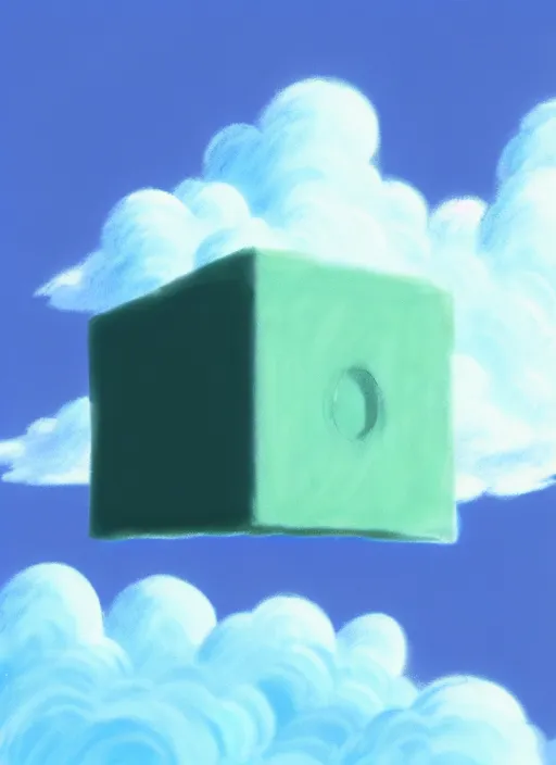 Image similar to an asymmetrical cell - shaded studio ghibli concept art study of a grey cube inside a forcefield in the sky. wide shot, very dull colors, hd, 4 k, hq