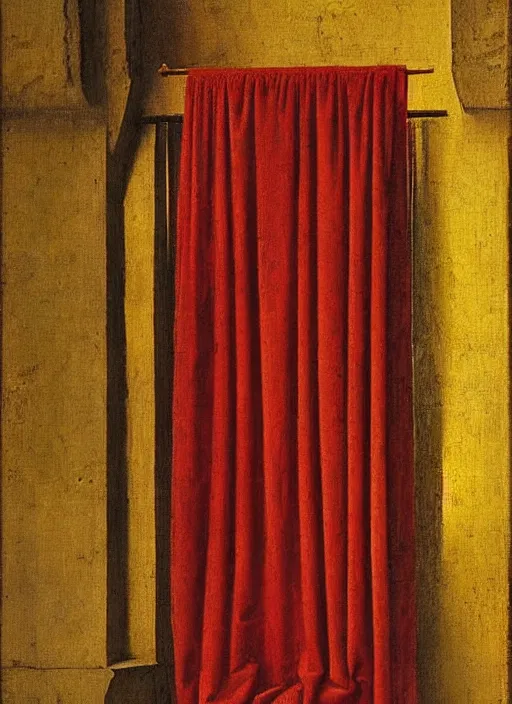 Image similar to red curtain, medieval painting by jan van eyck, johannes vermeer, florence