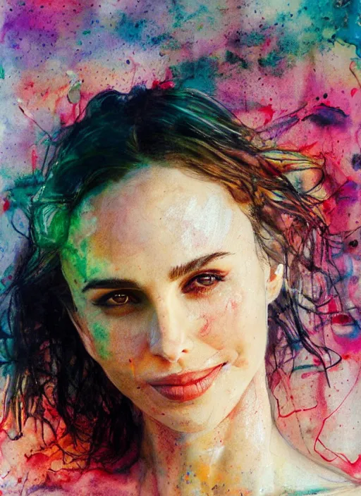 Prompt: sexy seducing smile nathalie portman sunbathing careebean beach by agnes cecile, half body portrait, extremely luminous bright design, pastel colours, ink drips, autumn lights