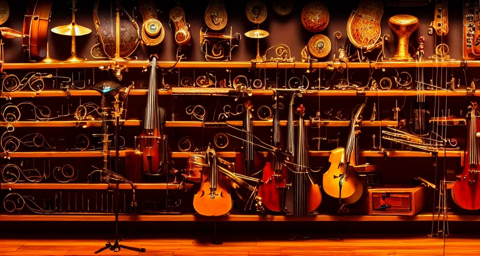 Image similar to a shelf of amazing magical musical instruments, cinematic lighting, detailed, beautiful colors, ornate 4 k