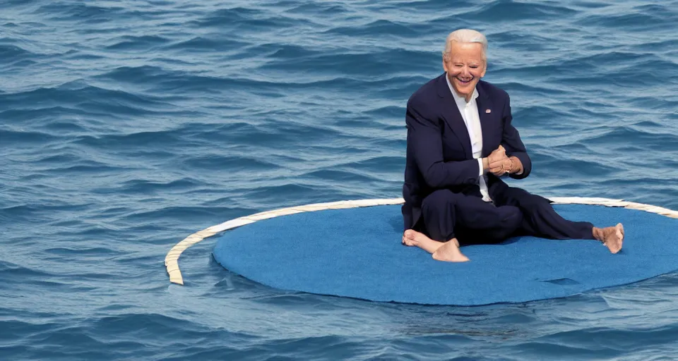 Prompt: joe biden sitting on a floating ring in the ocean