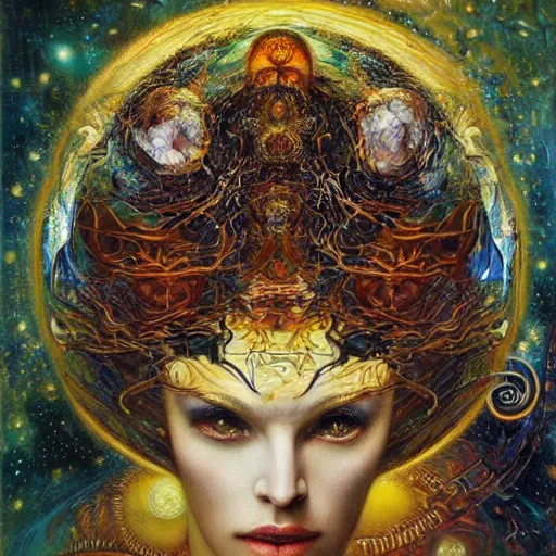 Image similar to Divine Chaos Engine by Karol Bak, Jean Deville, Gustav Klimt, and Vincent Van Gogh, beautiful visionary mystical portrait, sacred, otherworldly, fractal structures, Surreality, SpiralDee, ornate gilded medieval icon, third eye, spirals