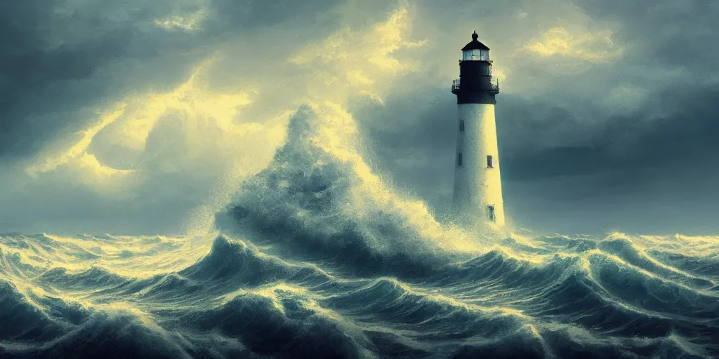 Prompt: lighthouse surrounded by turbulent waves on a stormy evening, detailed matte painting, low angle view, telephoto lens, bokeh, greg rutkowski, artstation