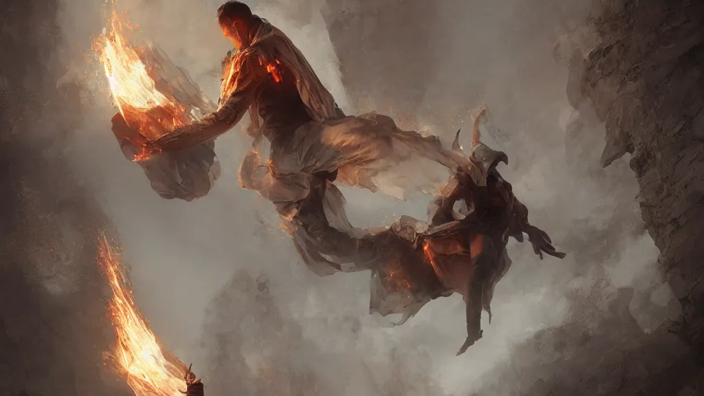 Prompt: a man in white tights flies from volcano and flame Magnetic field, intricate, highly detailed, artstation trending, ray tracing, cinematic, art by Bastien Lecouffe-Deharme, concept art,