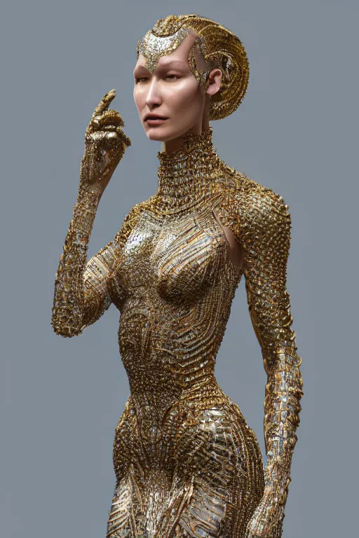 Image similar to a highly detailed metahuman 4 k render of an alien goddess bella hadid in iris van herpen dress schiaparelli in diamonds swarovski and jewelry in style of alphonse mucha trending on artstation made in unreal engine 4