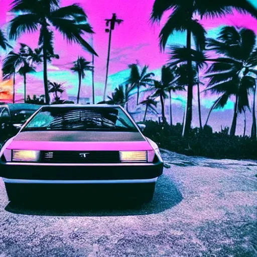 Prompt: deep dark style alien dark sunset electronic machine monster vibrant colours miami beach sunset vapor wave palm trees 80s synth retrowave delorean covered in stickers car wide shot epic post apocalyptic landscape