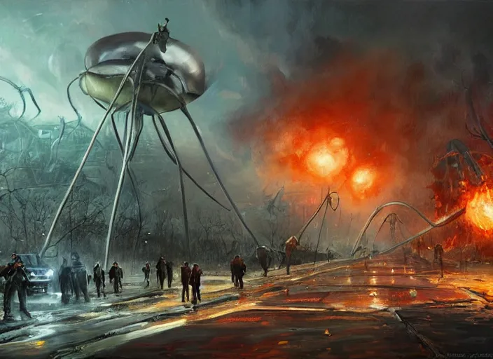 Image similar to concept art of the war of the worlds movie, oil painting by jama jurabaev, extremely detailed, brush hard, artstation, for aaa game, high quality, brush stroke