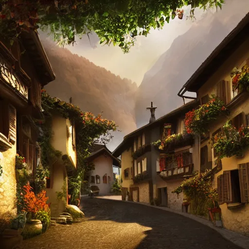 Prompt: a medieval village in switzerland, ornate, beautiful, atmosphere, vibe, flowers, concept art illustration, greg rutowski, volumetric lighting, sunbeams, particles,