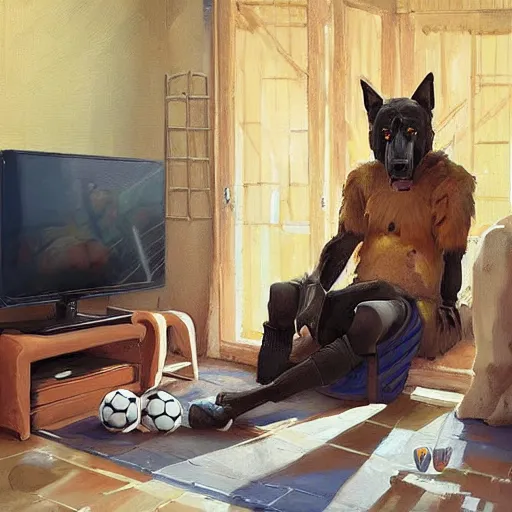 Image similar to a humanoid german shepherd beast - man, sitting and watching a soccer match in his house on television, he has hurt his knee and is a dad, by erin hanson, alexi zaitsev, karl spitzweg, award winning, tv set