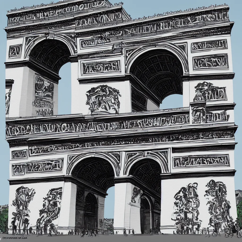 Prompt: photorealistic, arc de triomphe full of graffiti