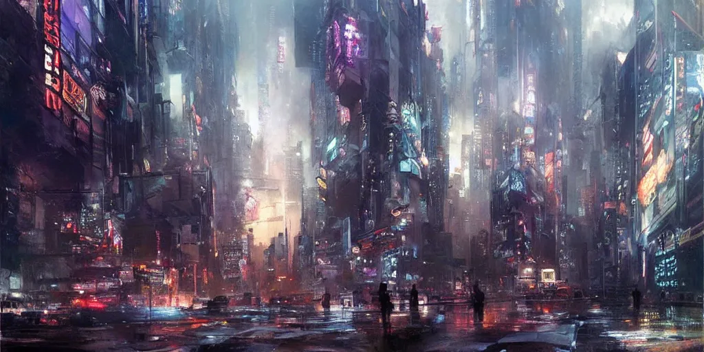 Image similar to “ epic cyberpunk city by zhaoming wu, nick alm, bernie fuchs, hollis dunlap, gregory manchess ”