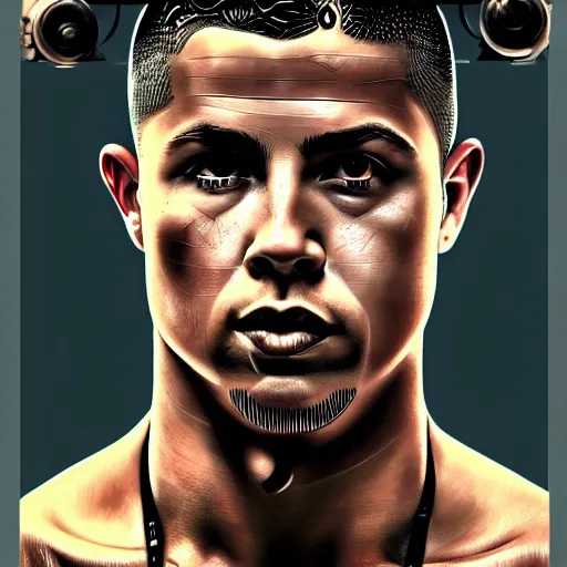 Image similar to ultra realist intricate detailed pin - up painting of ronaldo nazario as a single rugged cyborg male, and cyborg tech on body and legs, symmetry accurate features, cyberpunk, industrial, apocalyptic, very intricate details, focus, high resolution, 8 k resolution, dramatic lighting, artstyle hiraku tanaka, award winning