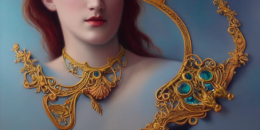 Prompt: highly detailed oil painting, art nouveau, ornate, delicate, brilliant magical gemstones choker, around a neck, octane render, realistic, dramatic light,