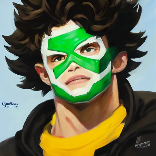 Image similar to greg manchess portrait painting of izuku midoriya as overwatch character, medium shot, asymmetrical, profile picture, organic painting, sunny day, matte painting, bold shapes, hard edges, street art, trending on artstation, by huang guangjian and gil elvgren and sachin teng