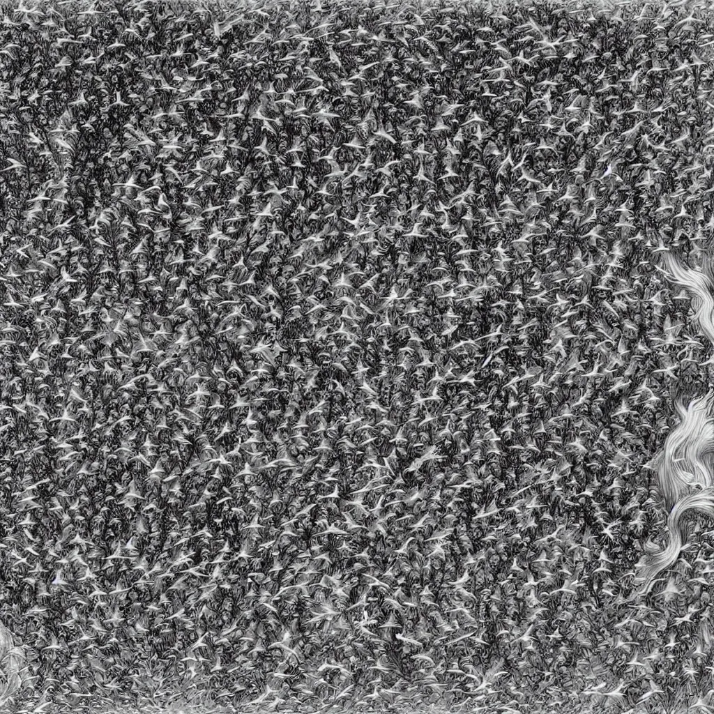 Prompt: a murmuration of birds flowing out of a woman's hair, by m.c. escher