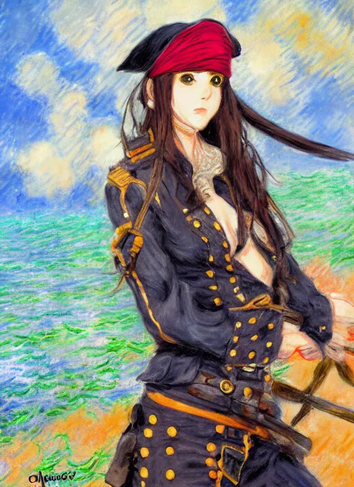Prompt: a portrait of a female pirate, camouflage uniform, very anime in impressionist style, anime trending artwork, anime painter studio, by claude monet