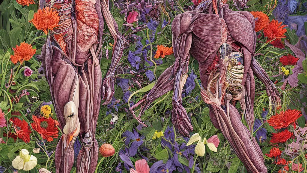 Image similar to highly detailed illustration of a human anatomy body exploded by all the known species of flowers by juan gatti, by moebius!!,, by oliver vernon, by joseph moncada, by damon soule, by manabu ikeda, by kyle hotz, by dan mumford, by kilian eng