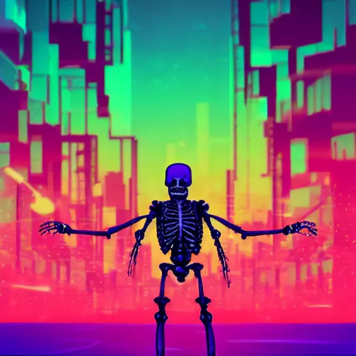 Image similar to a skeleton in cyberspace, his hands behind his back, laughing, detailed, outrun, synthwave, vaporwave, complimenting color scheme