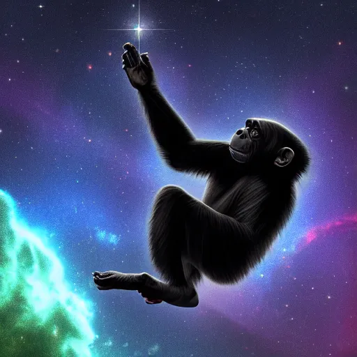 Image similar to A chimpanzee floating through outer-space, reaching out and touching a nebula with its finger, digital art, 8k