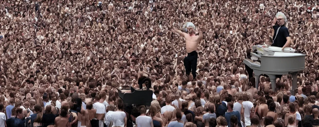 Prompt: shirtless geert wilders playing piano in front of large audience