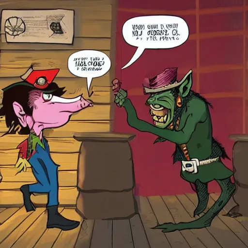 Prompt: a goblin with a large nose and a pirate with a bandana negotiating a contract with Micheal Morbius in a Western saloon.