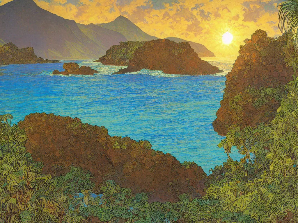 Image similar to Kalapaki Kauai, Hidden lava rock beach lagoon vista, Sunlight Study, by Rebecca Guay and (((((Alphonse Mucha))))) and ((((((Lisa Frank)))))), Art Nouveau, 8k, intense detail, sharp focus