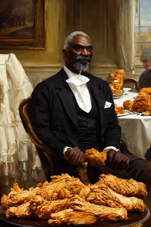 Prompt: portrait of a respectable dignified royal business elite politician sitting at a finely set table covered entirely with stacks upon stacks of massive pieces of fried chicken, official fanart behance hd artstation, master painting solomon joseph solomon and richard schmid and jeremy lipking victorian genre painting portrait painting