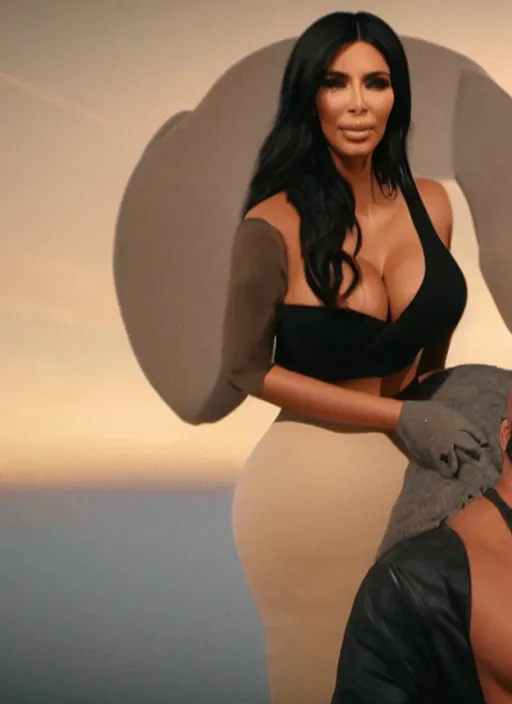 Image similar to film still of kim kardashian being held up in the air by an alien, 8 k