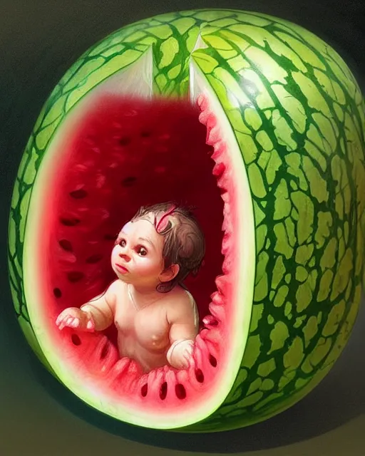 Image similar to a watermelon womb, baby in a transparent watermelon womb, gestation inside a watermelon, transparent, highly detailed, digital painting, artstation, concept art, smooth, sharp focus, illustration, art by artgerm and greg rutkowski and alphonse mucha