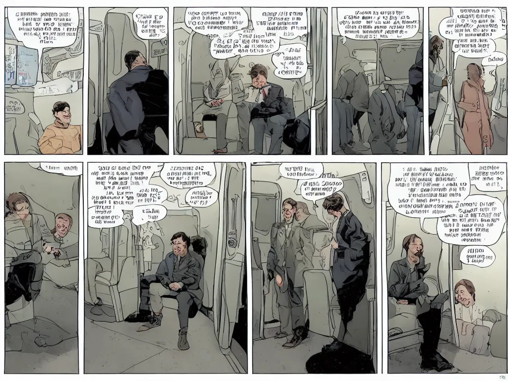 Image similar to a single comic panel by Geoff Darrow, 3/4 low angle view wide shot of two people sitting in an empty Chicago subway train, in front of windows: a sad Aubrey Plaza in a parka and a friendly Mads Mikkelsen in a suit