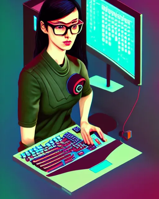 Image similar to richly detailed color illustration of a nerd-using-a-computer-to-crack-the-code surrounded by technology illustrated by Artgerm and Mina Petrovic and Timothy Kong and Marina Federovna. 3D shadowing
