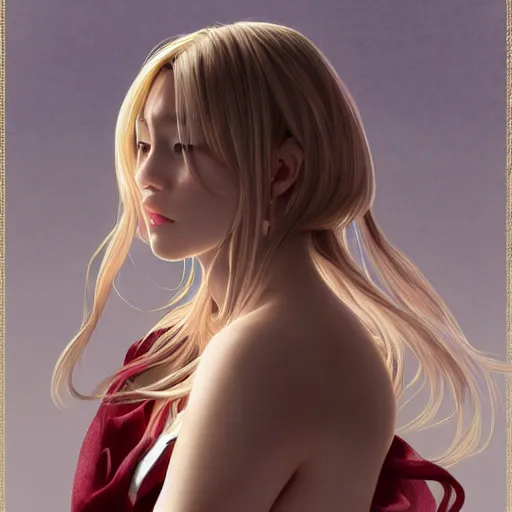 Image similar to Blonde Girl from ryu ga gotoku with thin lips, pronounced cheekbones, hair of medium length (longer caret), highly detailed, digital painting, artstation, concept art, smooth, sharp focus, illustration, ArtStation, art by artgerm and greg rutkowski and alphonse mucha and J. C. Leyendecker and Edmund Blair Leighton and Katsuhiro Otomo and Geof Darrow and Phil hale and Ashley wood and Ilya repin and Charlie Bowater