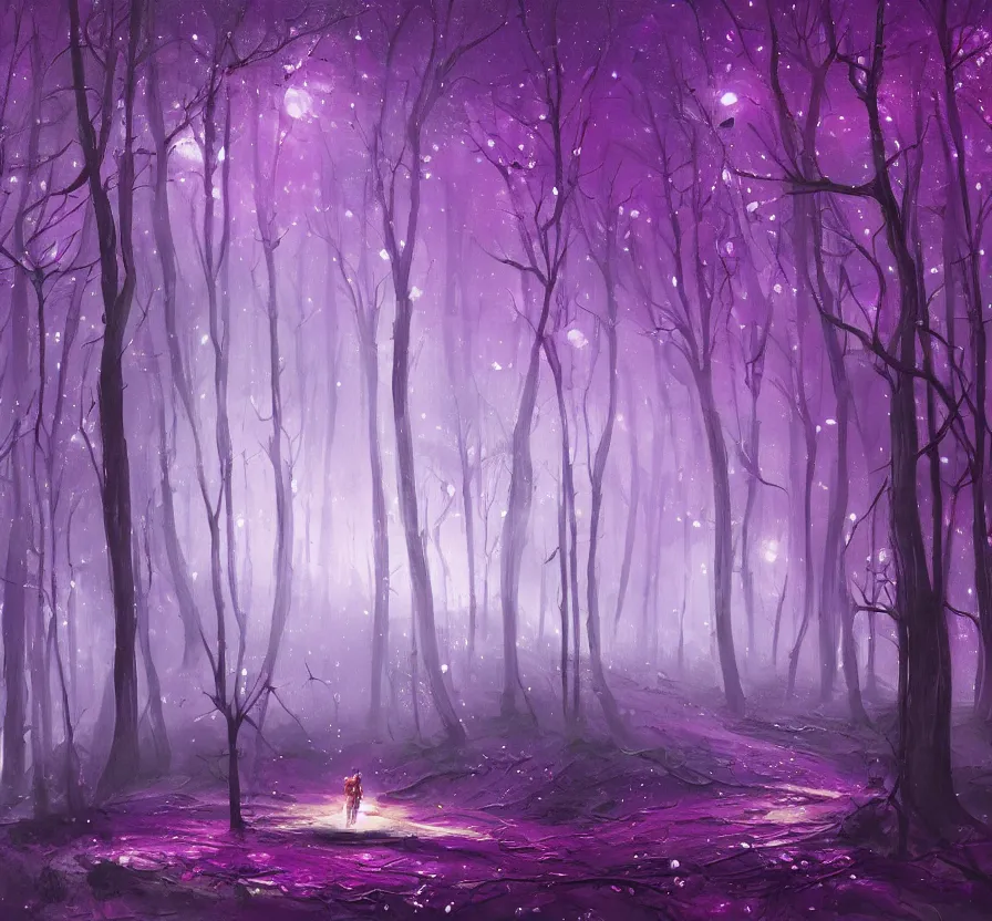 Image similar to purple futuristic solder on forest landscape, acrilic paint, brush paint, heavenly atmosphere, paint, ultra detailed, beautiful image, resolution, artstation